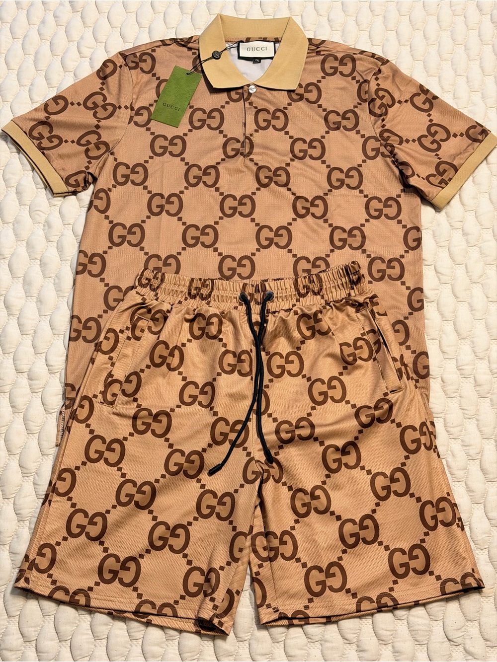 Gucci Beige & Brown GG Monogram Polo Shirt and Shorts Set